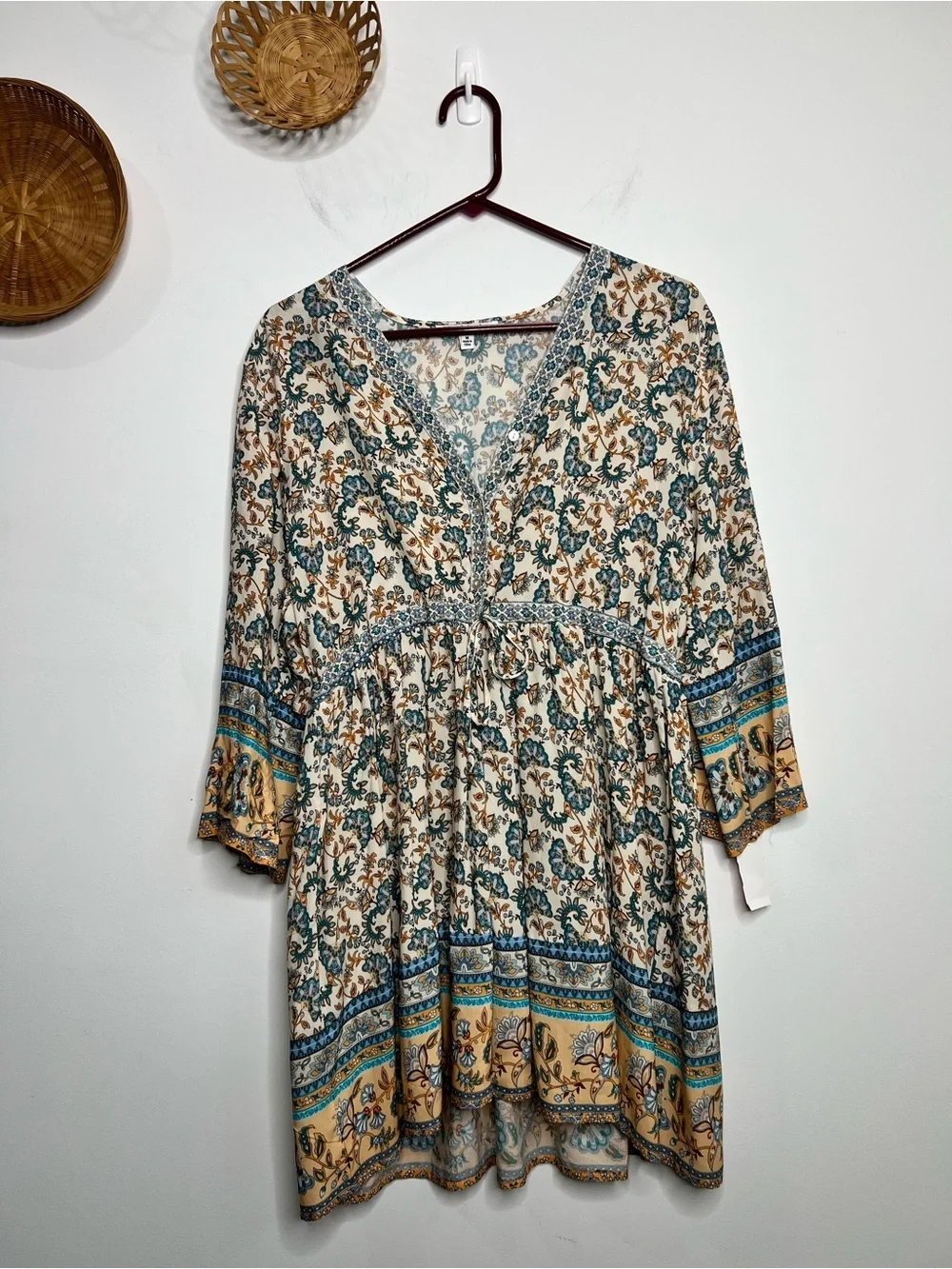 Boho Floral V-Neck Tunic Dress in Teal & Mustard Size Medium - Picture 1 of 7